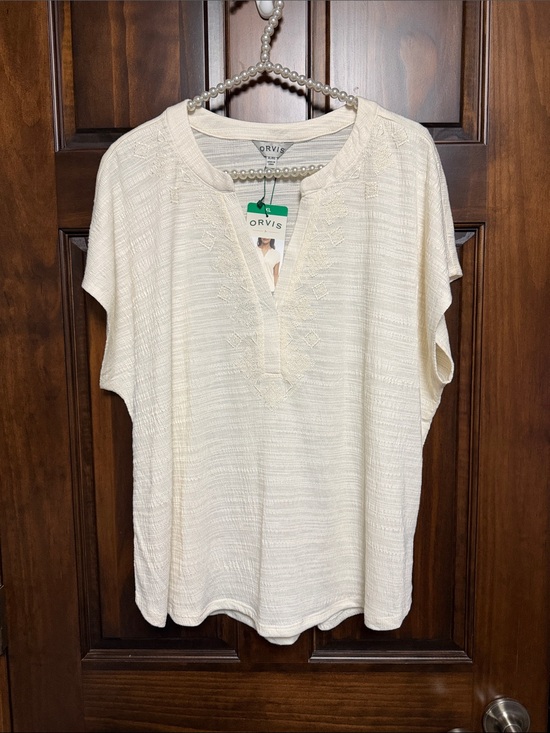 Orvis Tops - Orvis Cream Split-Neck Embroidered Short-Sleeve Top